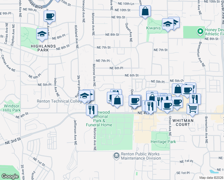 map of restaurants, bars, coffee shops, grocery stores, and more near 500 Monroe Avenue Northeast in Renton