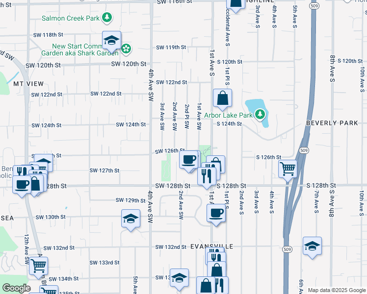 map of restaurants, bars, coffee shops, grocery stores, and more near 12455 2nd Place Southwest in Seattle
