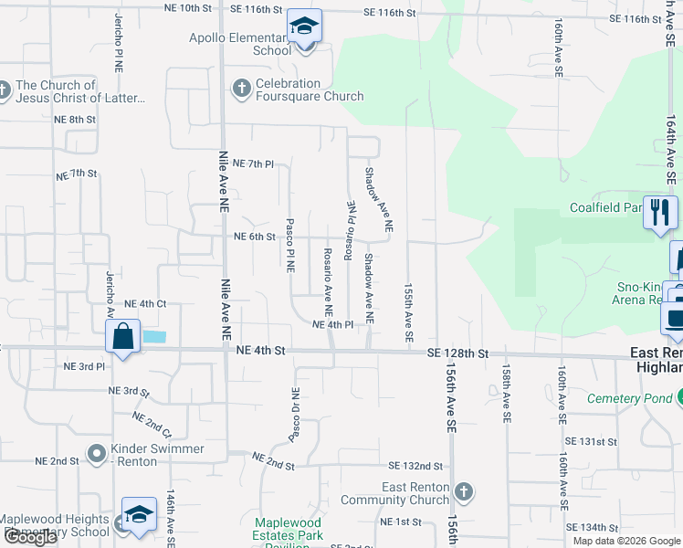 map of restaurants, bars, coffee shops, grocery stores, and more near 563 Rosario Place Northeast in Renton