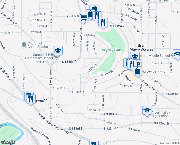 map of restaurants, bars, coffee shops, grocery stores, and more near 6930 South 123rd Street in Seattle