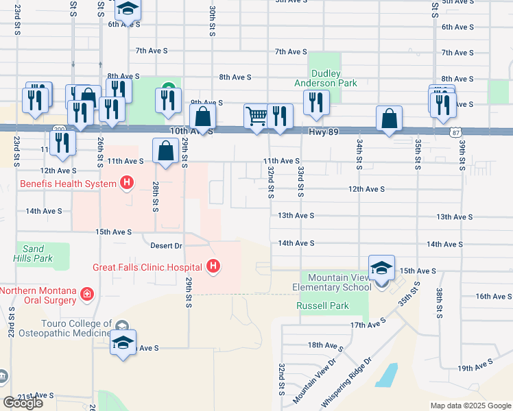 map of restaurants, bars, coffee shops, grocery stores, and more near 1200 32nd Street South in Great Falls