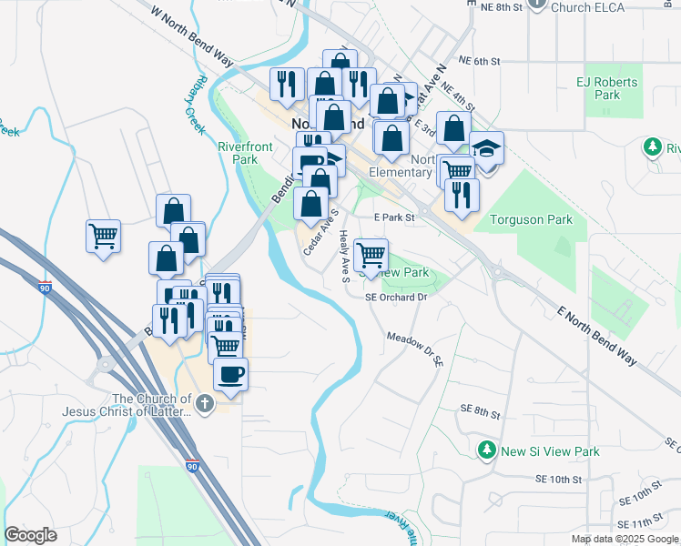 map of restaurants, bars, coffee shops, grocery stores, and more near 401 Stow Avenue South in North Bend