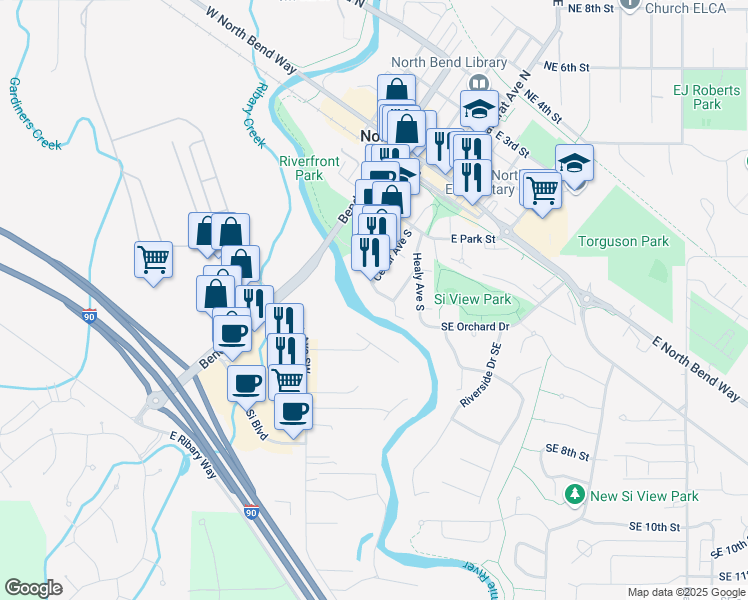 map of restaurants, bars, coffee shops, grocery stores, and more near 440 Main Avenue South in North Bend