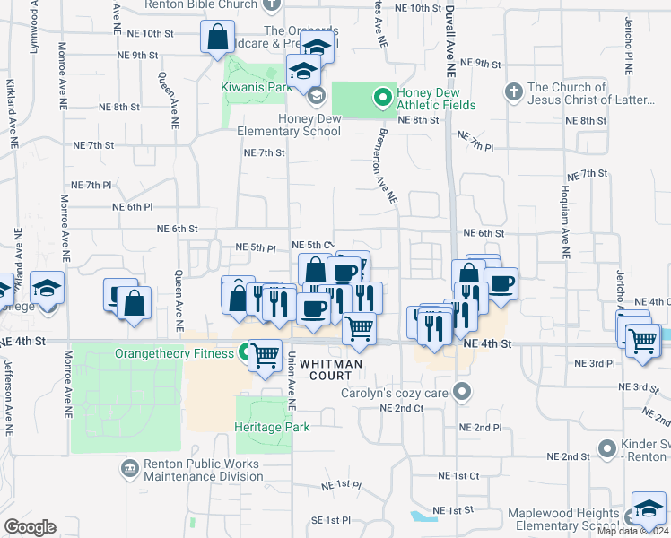 map of restaurants, bars, coffee shops, grocery stores, and more near 555 Anacortes Court Northeast in Renton