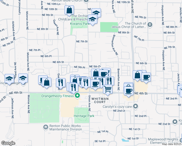 map of restaurants, bars, coffee shops, grocery stores, and more near 4025 Northeast 5th Place in Renton