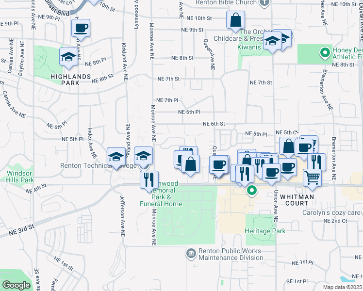 map of restaurants, bars, coffee shops, grocery stores, and more near 574 Olympia Avenue Northeast in Renton