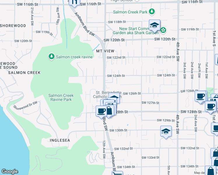 map of restaurants, bars, coffee shops, grocery stores, and more near 12434 Ambaum Boulevard Southwest in Seattle