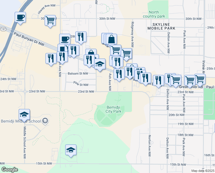 map of restaurants, bars, coffee shops, grocery stores, and more near 2312 Ash Avenue Northwest in Bemidji
