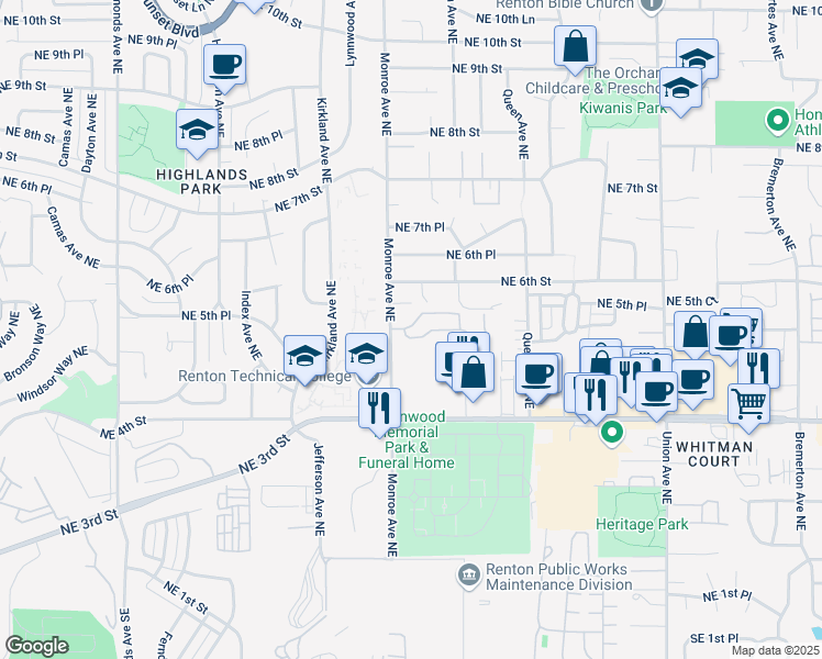 map of restaurants, bars, coffee shops, grocery stores, and more near 500 Monroe Avenue Northeast in Renton