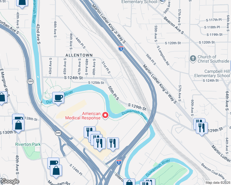 map of restaurants, bars, coffee shops, grocery stores, and more near 12542 50th Place South in Seattle