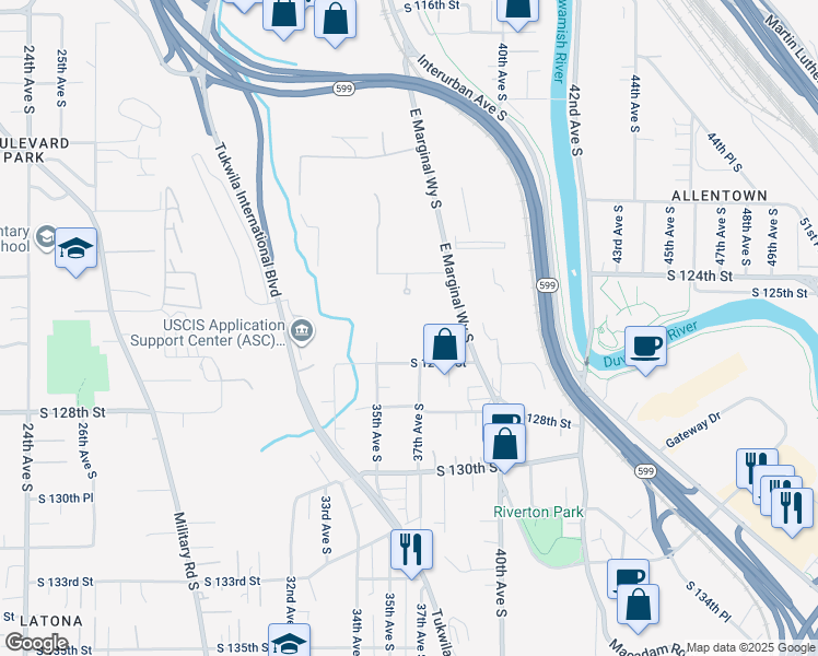 map of restaurants, bars, coffee shops, grocery stores, and more near 12401 East Marginal Way South in Tukwila