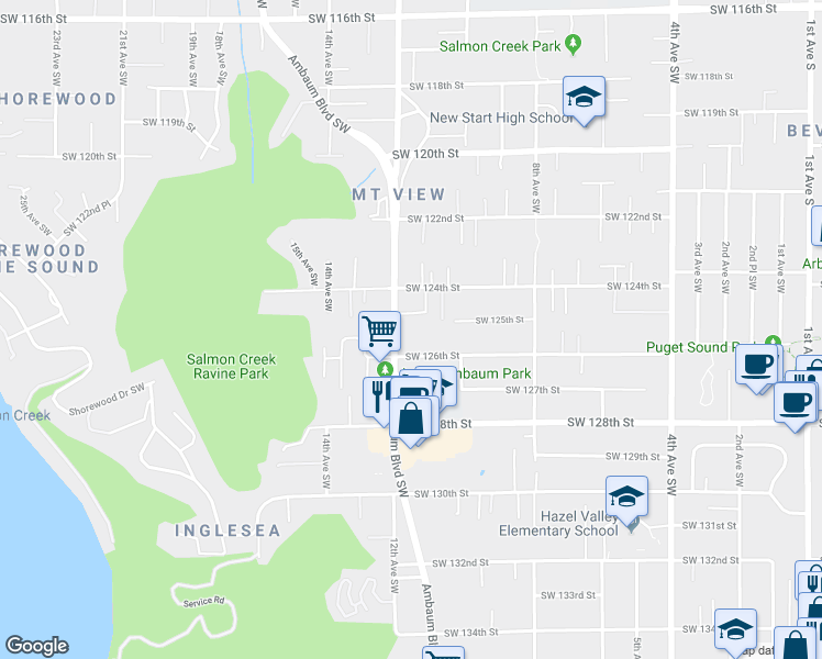 map of restaurants, bars, coffee shops, grocery stores, and more near 12434 Ambaum Boulevard Southwest in Seattle