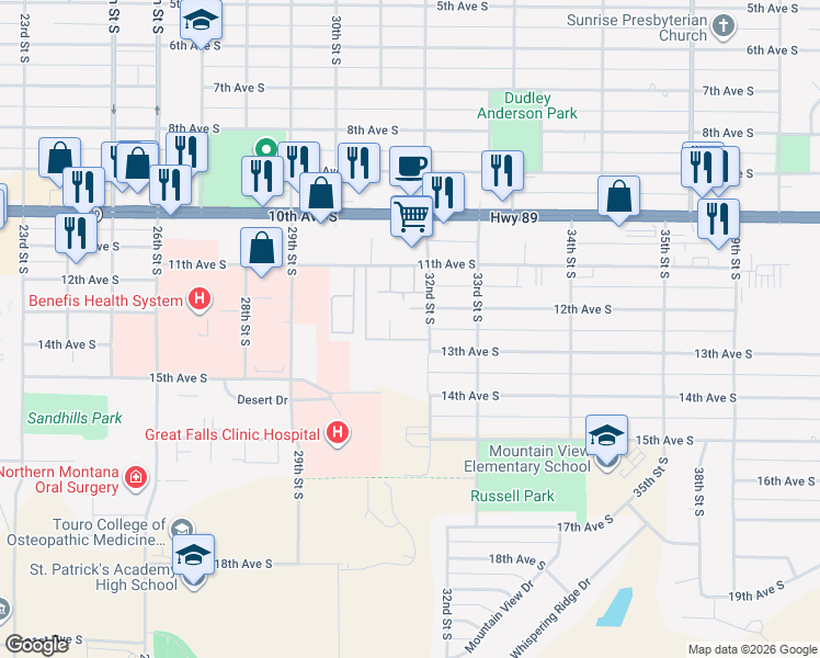 map of restaurants, bars, coffee shops, grocery stores, and more near 3200 12th Avenue South in Great Falls