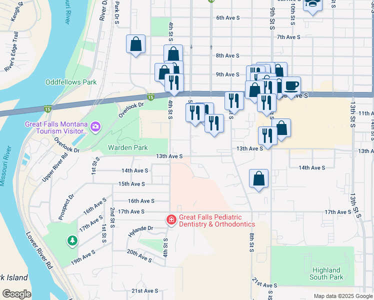 map of restaurants, bars, coffee shops, grocery stores, and more near 416 12th Avenue South in Great Falls