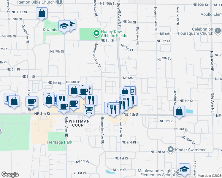 map of restaurants, bars, coffee shops, grocery stores, and more near 556 Chelan Place Northeast in Renton