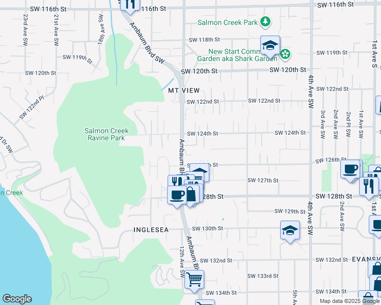 map of restaurants, bars, coffee shops, grocery stores, and more near 10XX Southwest 124th Street in Seattle