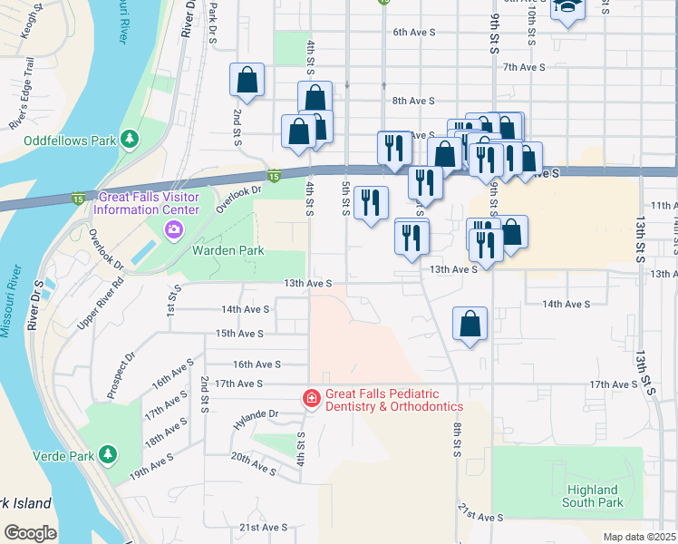 map of restaurants, bars, coffee shops, grocery stores, and more near 1210 5th Street South in Great Falls