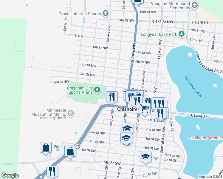 map of restaurants, bars, coffee shops, grocery stores, and more near 412 2nd Street Northwest in Chisholm