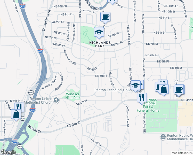 map of restaurants, bars, coffee shops, grocery stores, and more near 2703 Northeast 5th Place in Renton