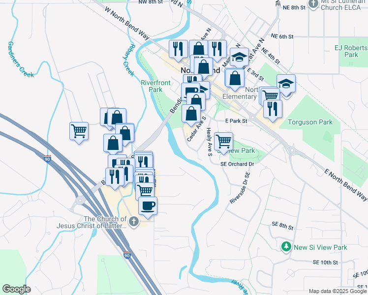 map of restaurants, bars, coffee shops, grocery stores, and more near 440 Main Avenue South in North Bend