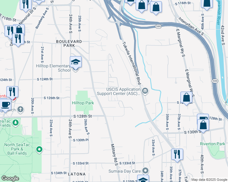 map of restaurants, bars, coffee shops, grocery stores, and more near 12450 28th Avenue South in Seattle