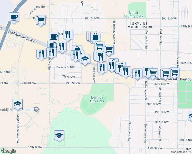 map of restaurants, bars, coffee shops, grocery stores, and more near 2312 Ash Avenue Northwest in Bemidji