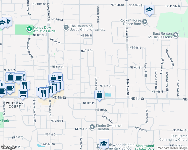 map of restaurants, bars, coffee shops, grocery stores, and more near 5416 Northeast 5th Place in Renton