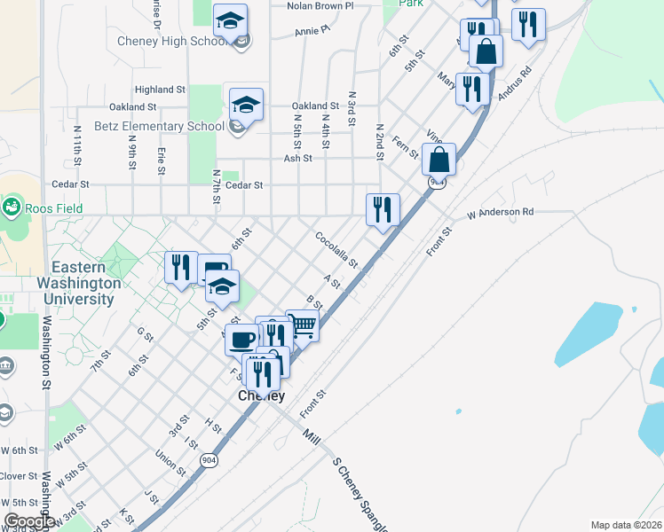 map of restaurants, bars, coffee shops, grocery stores, and more near 917 3rd Street in Cheney