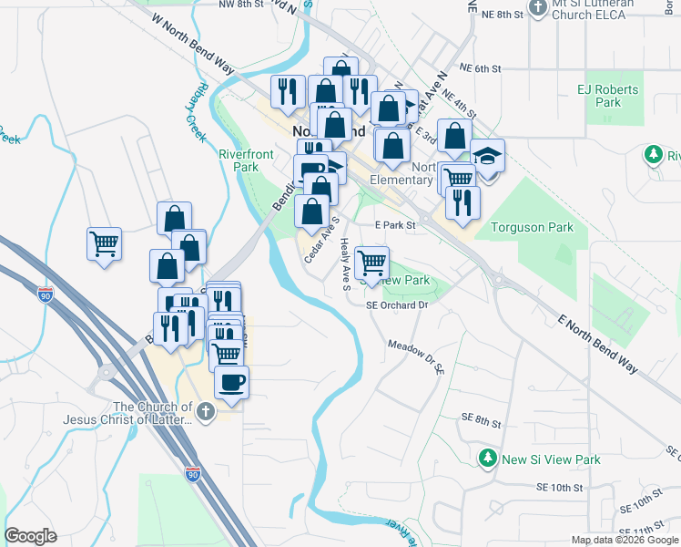 map of restaurants, bars, coffee shops, grocery stores, and more near 401 Stow Avenue South in North Bend