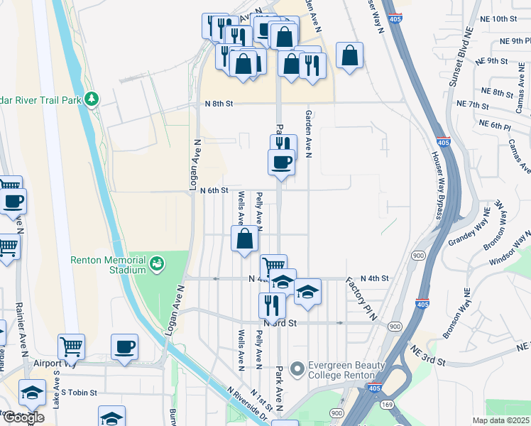 map of restaurants, bars, coffee shops, grocery stores, and more near 528 Pelly Avenue North in Renton