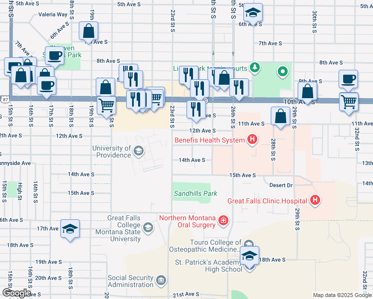 map of restaurants, bars, coffee shops, grocery stores, and more near 2312 13th Avenue South in Great Falls