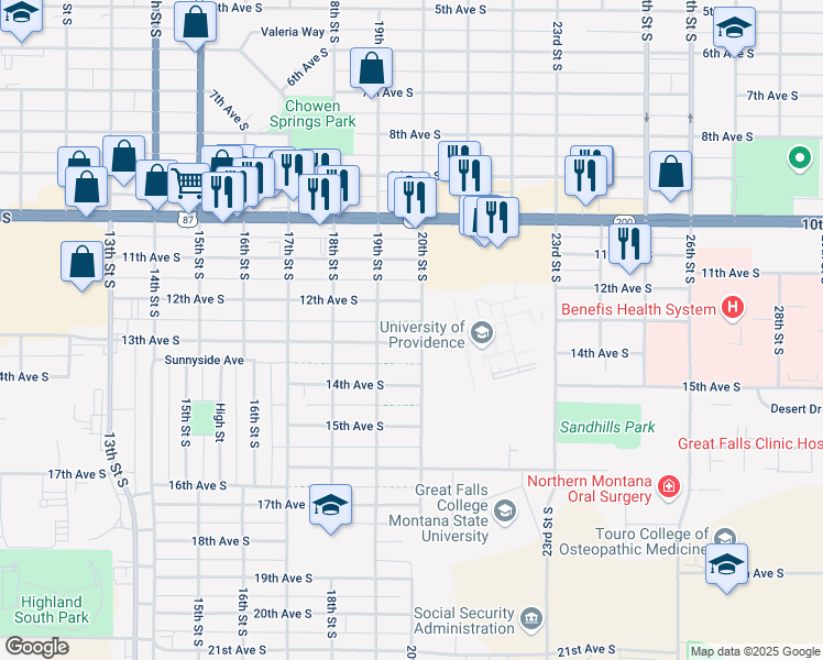 map of restaurants, bars, coffee shops, grocery stores, and more near 1924 12th Avenue South in Great Falls