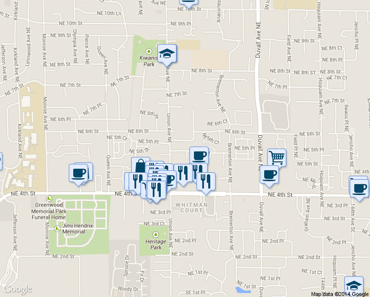 map of restaurants, bars, coffee shops, grocery stores, and more near 4139 Northeast 5th Court in Renton