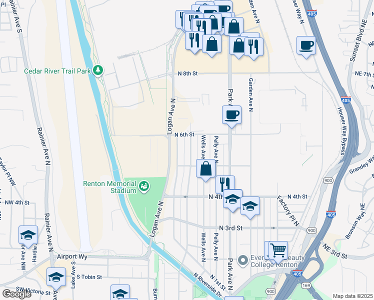 map of restaurants, bars, coffee shops, grocery stores, and more near 532 Burnett Avenue North in Renton