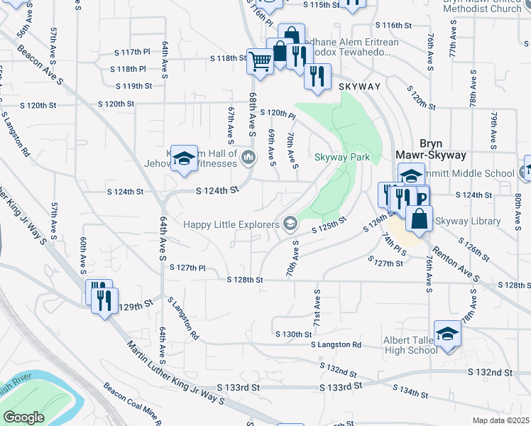 map of restaurants, bars, coffee shops, grocery stores, and more near 6940 South 123rd Street in Seattle