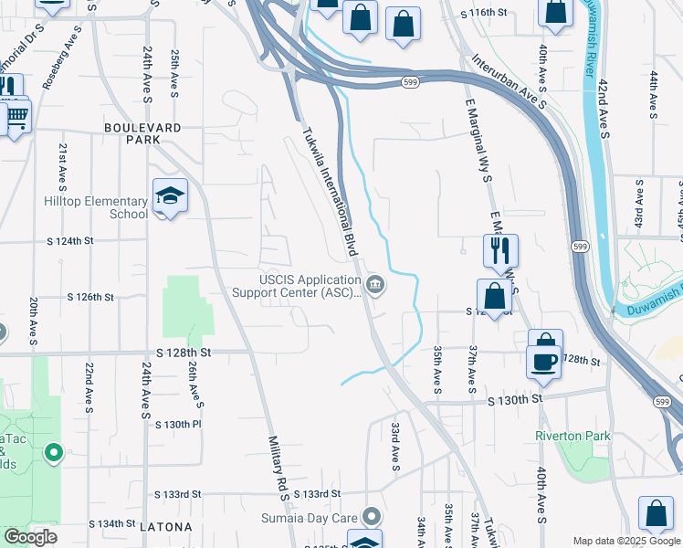 map of restaurants, bars, coffee shops, grocery stores, and more near 12301 Tukwila International Blvd in Tukwila