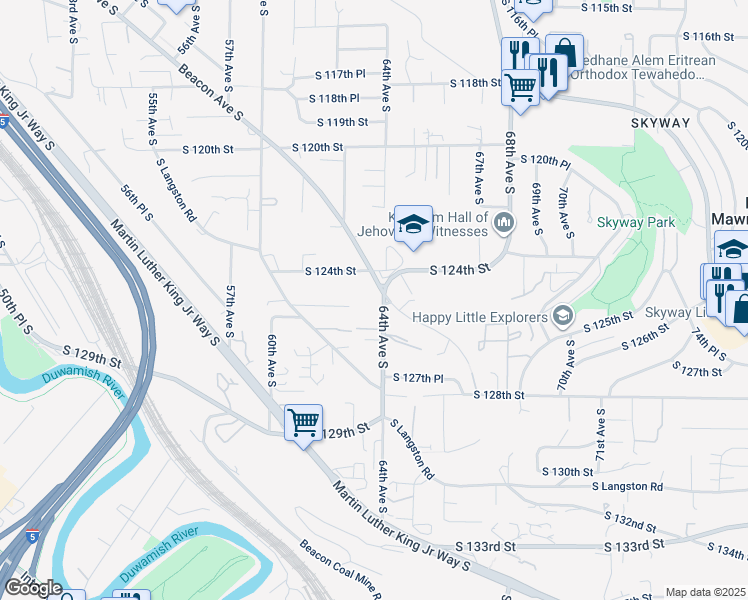 map of restaurants, bars, coffee shops, grocery stores, and more near 12427 Beacon Avenue South in Seattle