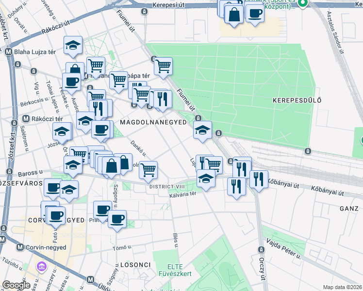 map of restaurants, bars, coffee shops, grocery stores, and more near in Budapest