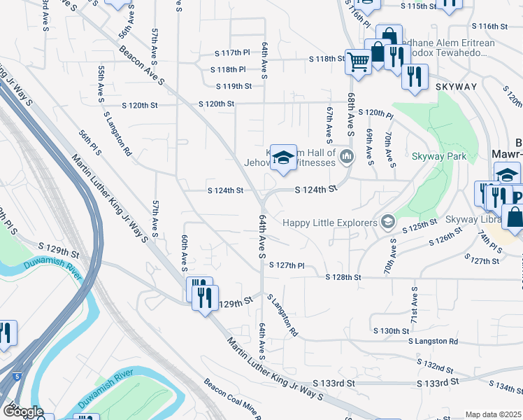 map of restaurants, bars, coffee shops, grocery stores, and more near 12427 Beacon Avenue South in Seattle