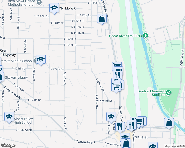 map of restaurants, bars, coffee shops, grocery stores, and more near in Renton