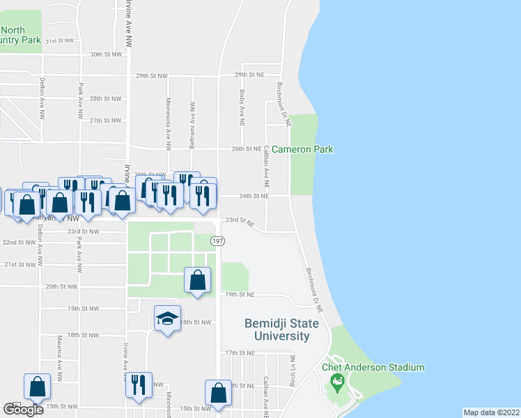 map of restaurants, bars, coffee shops, grocery stores, and more near 2327 Calihan Avenue Northeast in Bemidji