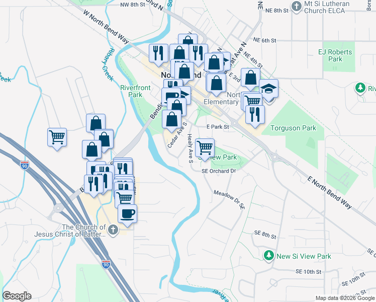 map of restaurants, bars, coffee shops, grocery stores, and more near 418 Stow Avenue South in North Bend