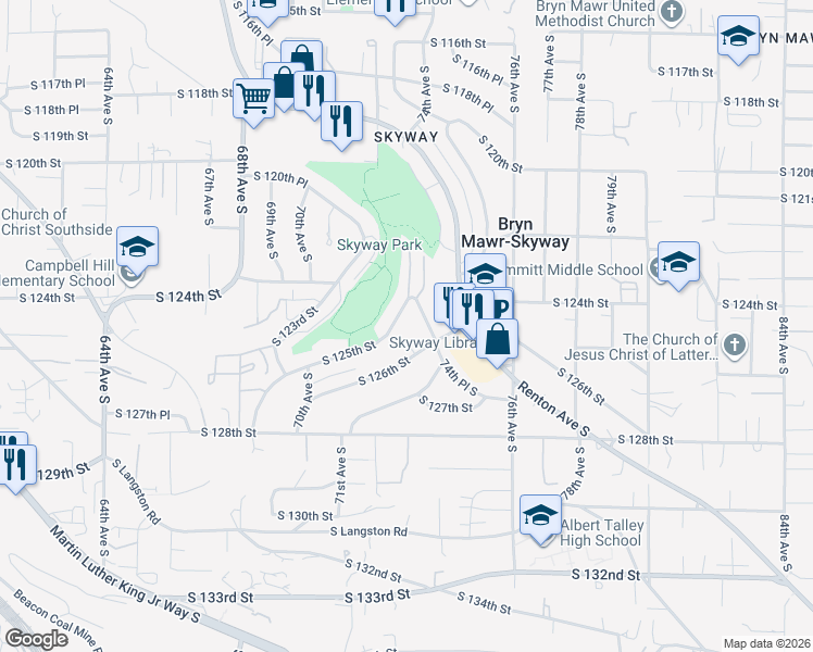 map of restaurants, bars, coffee shops, grocery stores, and more near 7243 South 125th Street in Seattle