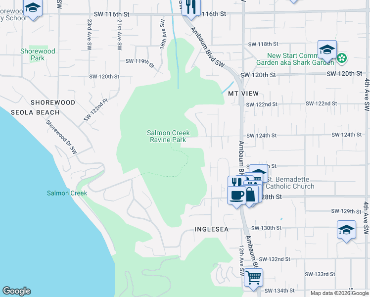map of restaurants, bars, coffee shops, grocery stores, and more near 1515 Southwest 124th Street in Burien