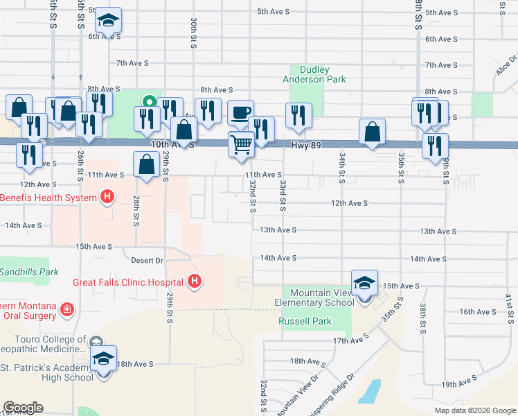map of restaurants, bars, coffee shops, grocery stores, and more near 3200 12th Avenue South in Great Falls
