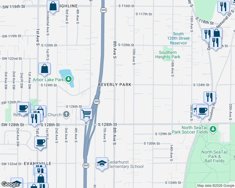 map of restaurants, bars, coffee shops, grocery stores, and more near 12422 8th Avenue South in Seattle