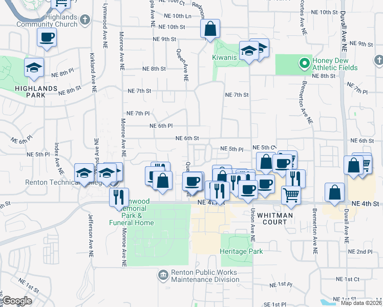 map of restaurants, bars, coffee shops, grocery stores, and more near 528 Queen Place Northeast in Renton
