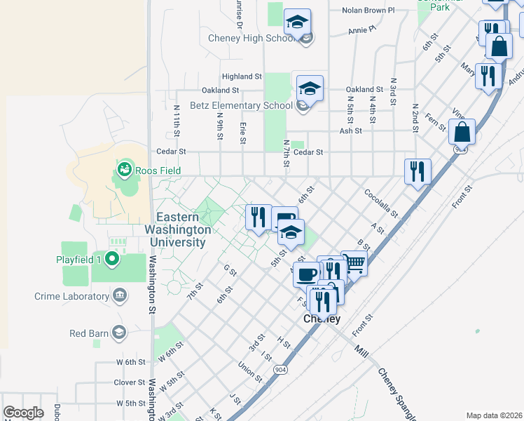 map of restaurants, bars, coffee shops, grocery stores, and more near 616 7th Street in Cheney