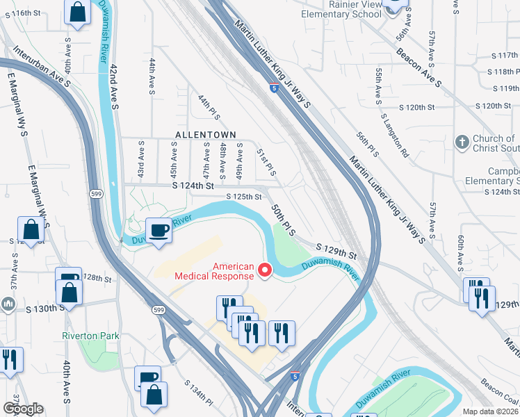 map of restaurants, bars, coffee shops, grocery stores, and more near 12507 50th Place South in Tukwila