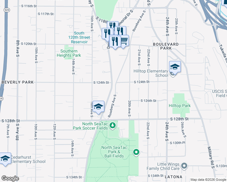 map of restaurants, bars, coffee shops, grocery stores, and more near 12424 Des Moines Memorial Drive in Seattle